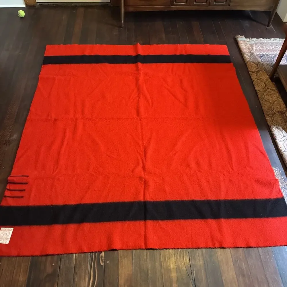 Vintage Hudson Bay Blanket Red Wool Striped 4 Point Queen Gold Label 1930s 84x74